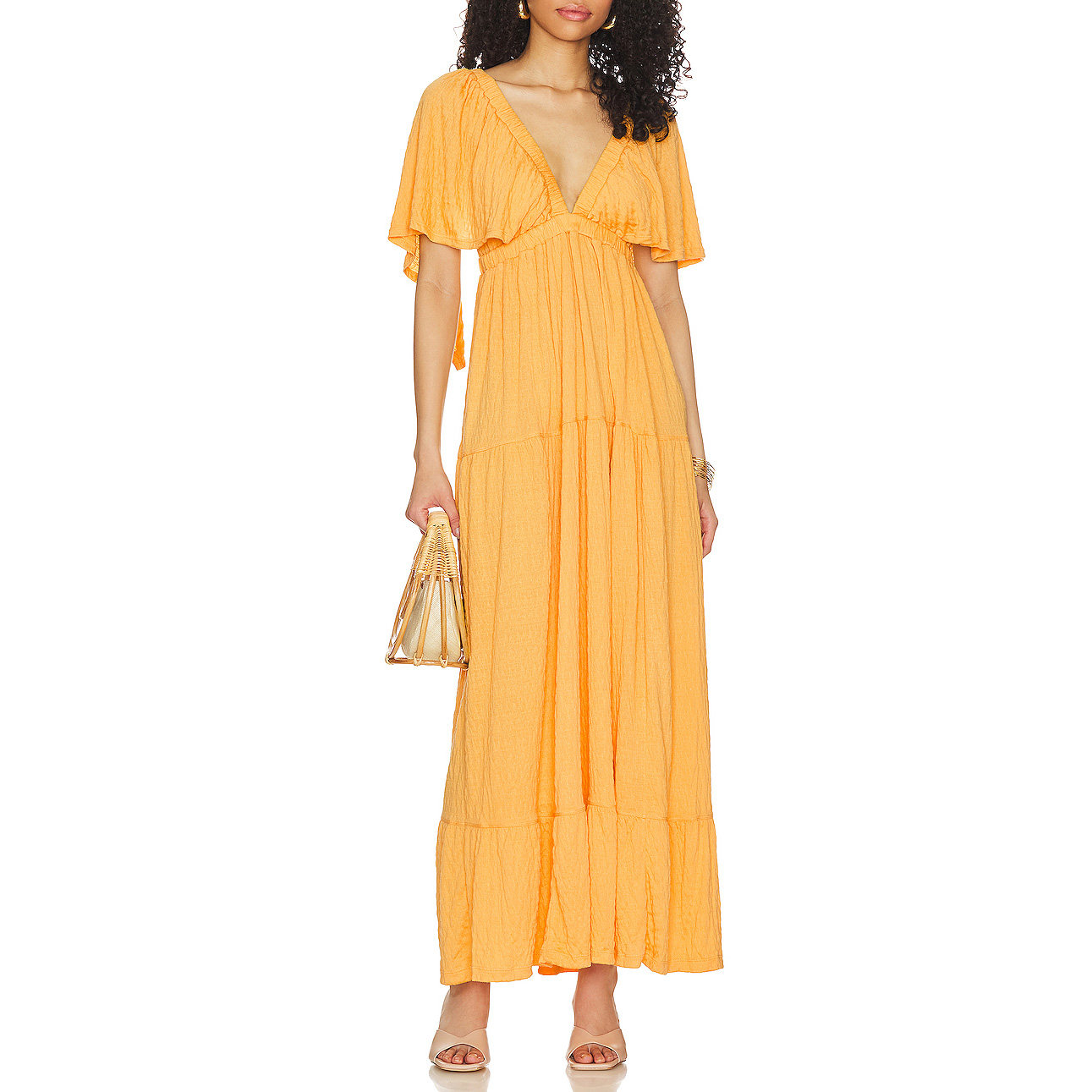 WOMEN MUSTARD FLUTTER SLEEVES BOHEMIAN MAXI COCKTAIL DRESSES